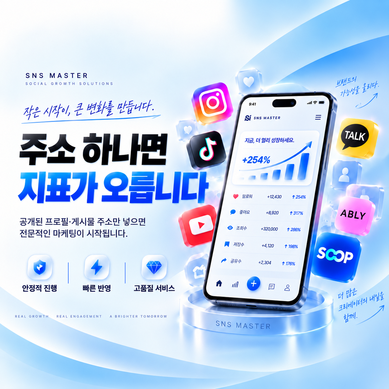 주소 하나면 지표가 오릅니다 — 공개된 프로필·게시물 주소만 넣으면 전문적인 마케팅이 시작됩니다. 안정적 진행, 빠른 반영, 고품질 서비스